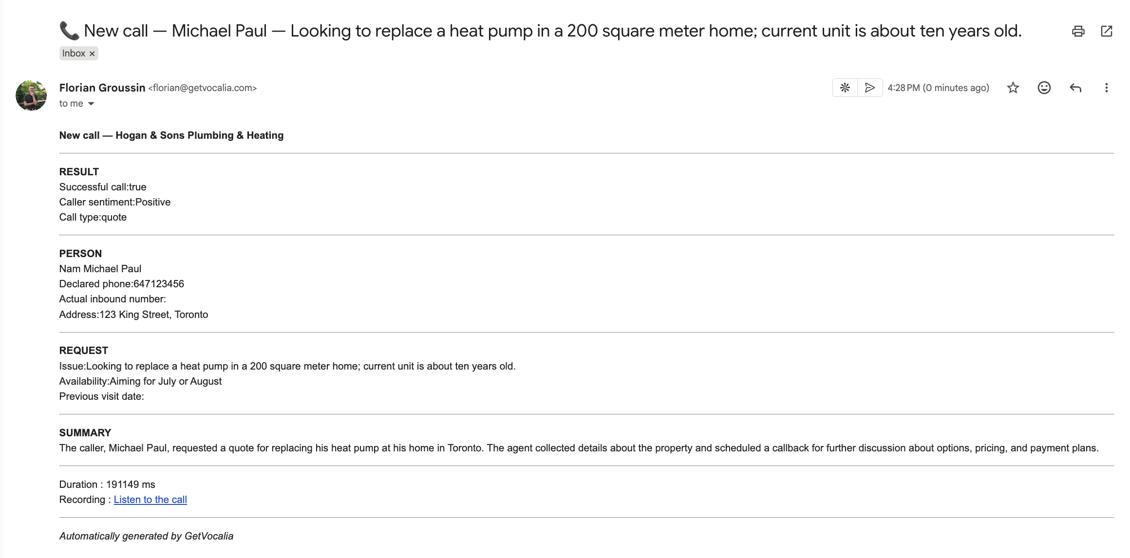 Example of the email recap received after a call